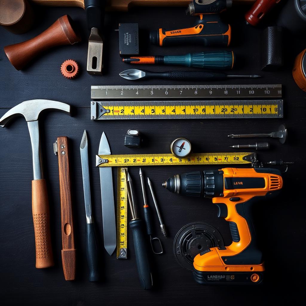 Professional handyman tools arranged on a workbench